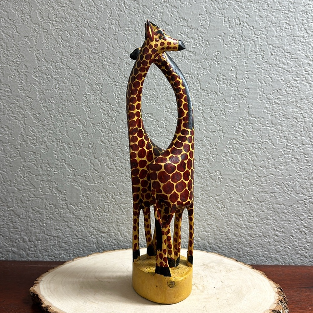 Hand carved and painted Kenya, wood lovers Giraffe statue artist signed